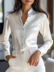 Long Sleeves Buttoned Solid Color Stand Collar Blouses&Shirts Tops