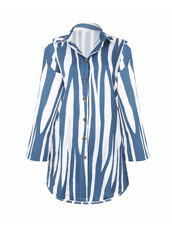 Buttoned Striped Long Sleeves Loose Lapel Shirt Dress Mini Dresses