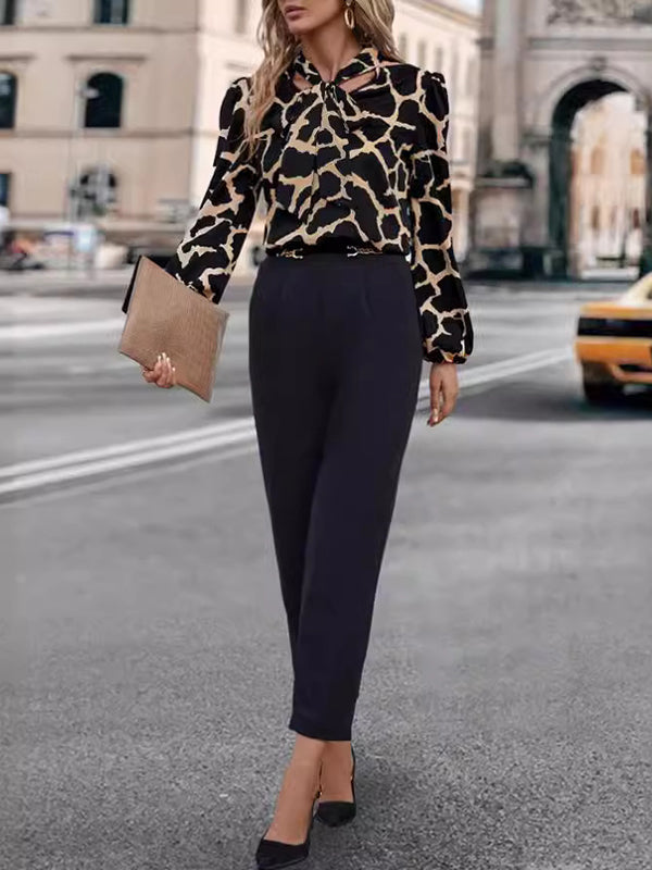 Printed Split-Joint Streamer Loose Puff Sleeves V-Neck Blouses