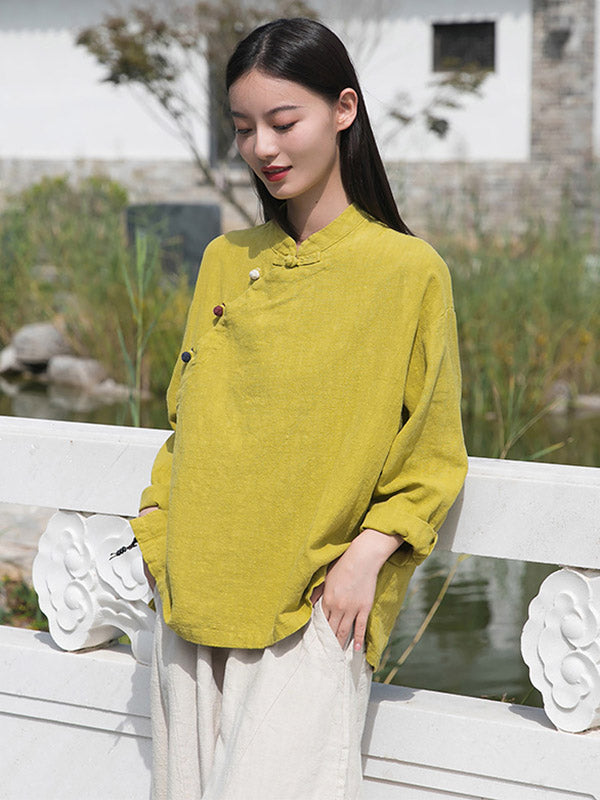 Vintage Ramie Cotton Stand Collar Loose Long Sleeve Shirt