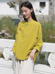 Vintage Ramie Cotton Stand Collar Loose Long Sleeve Shirt