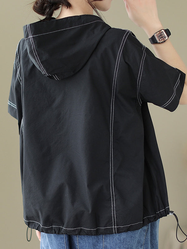 Zipper Loose Short Sleeves Hooded T-Shirts Tops