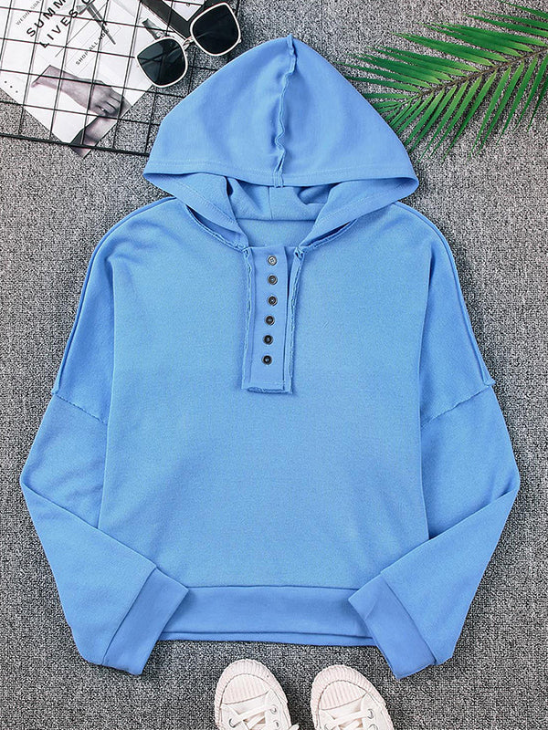 Buttoned Split-Joint Velvet Hooded Long Sleeves Sweatshirt Tops
