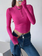 Solid Color Split-Joint Long Sleeves Skinny Round-Neck T-Shirts