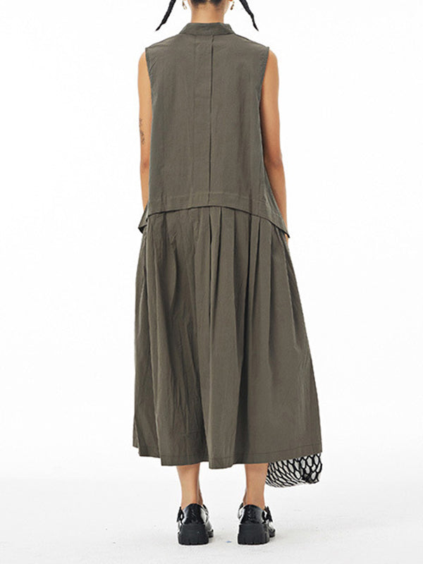 Pleated Solid Color Loose Sleeveless Stand Collar Shirt Dress Midi Dresses