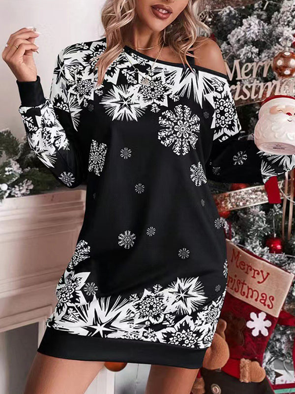 Contrast Color Printed Split-Joint Bodycon Long Sleeves One-Shoulder Midi Dresses