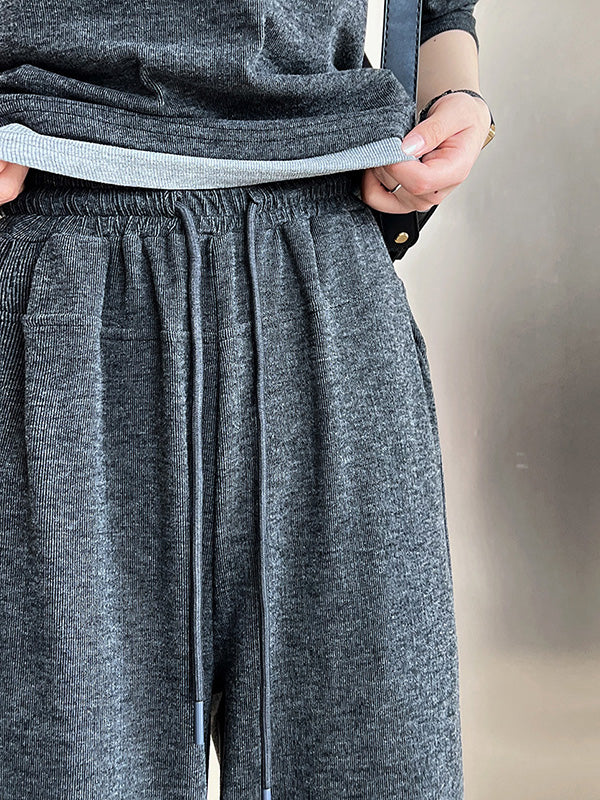 Buttoned Long Sleeves Hooded  T-Shirts Top + Vest Top + Wide Leg Drawstring Elasticity Pants Bottom Three Pieces Set