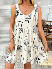 Contrast Color Pleated Pockets Printed Tied A-Line Loose Spaghetti-Neck Mini Dresses