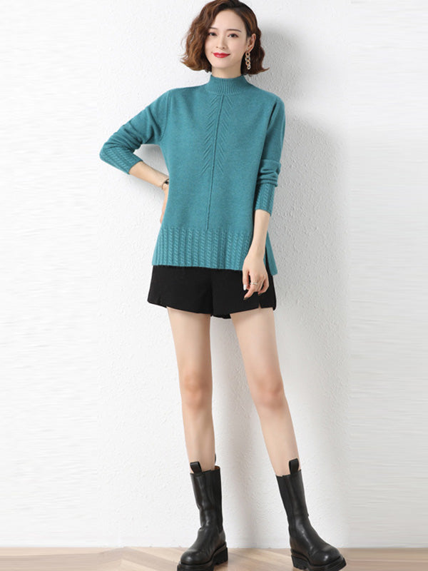 Loose Split-Side Solid Color Half Turtleneck Sweater Tops