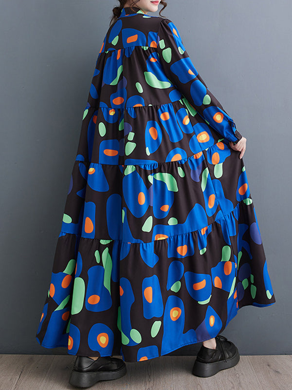 Pleated Printed Split-Joint Long Sleeves Loose Stand Collar Midi Dresses