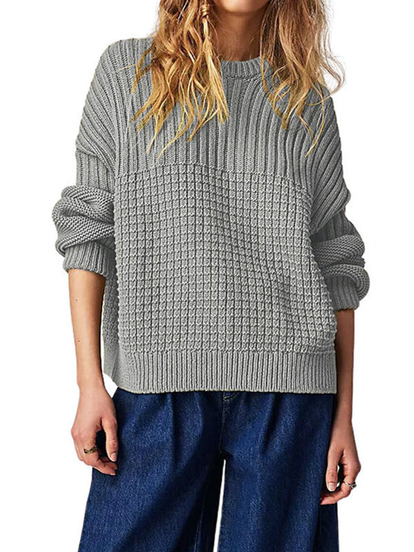 Solid Color Long Sleeves Loose Round-Neck Sweater Tops Pullovers