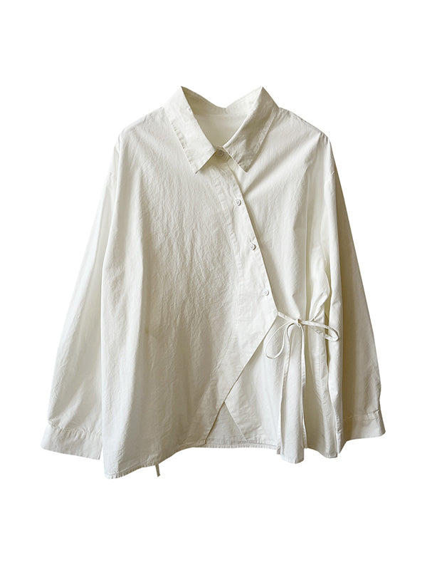 Lace-Up Solid Color Irregular Clipping Long Sleeves Lapel Blouses