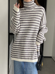 Striped Long Sleeves Loose High-Neck Sweater Pullovers Knitwear