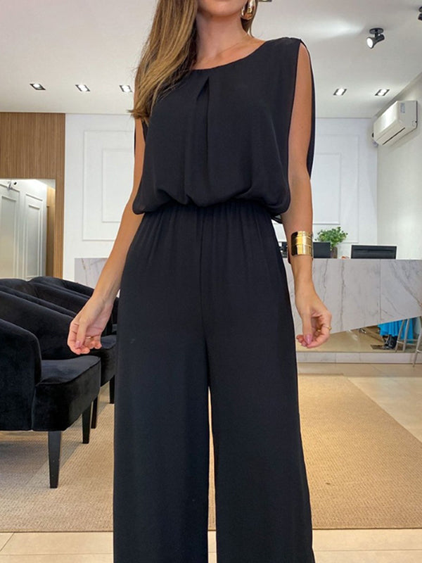 Backless Hollow Solid Color High-Low Wide Leg Round-Neck Jumpsuits Bottoms