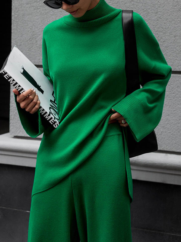 Casual Solid Color Irregularity High-Neck Sweater& Wide Leg Pants Suits