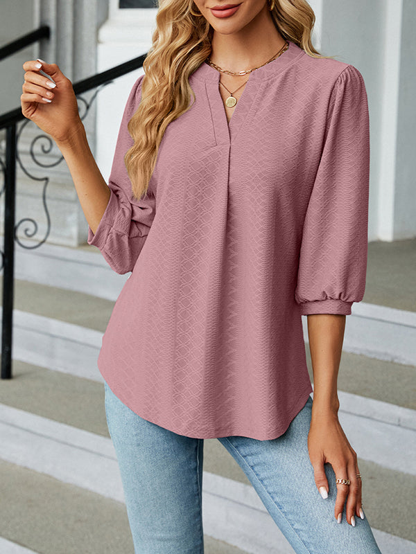 Jacquard Pleated Solid Color Split-Joint Loose Puff Sleeves V-Neck T-Shirts Tops