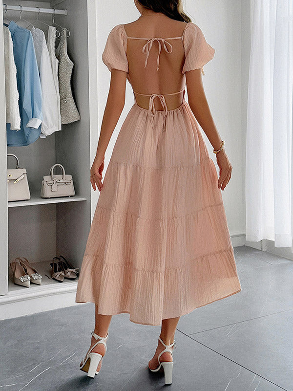 Backless Pleated Solid Color Tied A-Line Loose V-Neck Midi Dresses