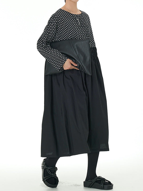 Contrast Color Elasticity Pleated Polka-Dot Split-Joint Long Sleeves Loose Round-Neck Midi Dresses