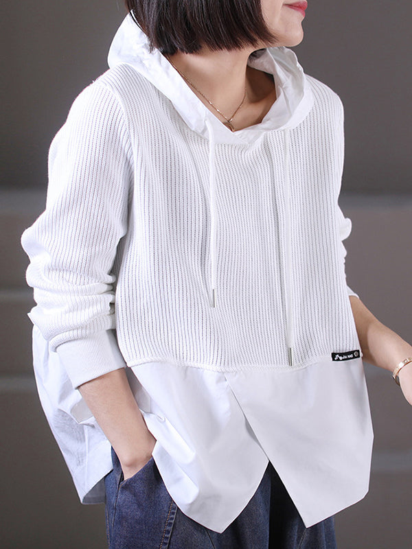 Drawstring Split-front Split-Joint Hooded Long Sleeves Hoodies Tops