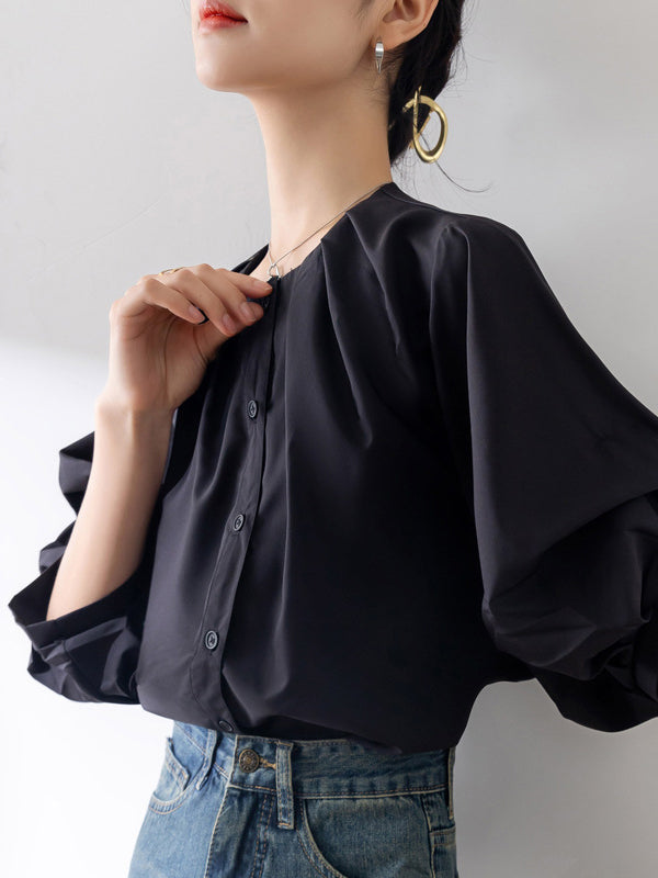 Buttoned Pleated Solid Color Half Sleeves Loose Round-Neck Blouses&Shirts Tops