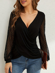See-Through Solid Color Split-Joint Long Sleeves Puff Sleeves Deep V-Neck T-Shirts Tops