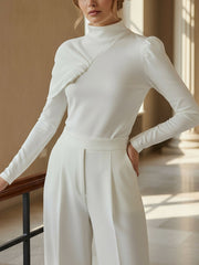 Asymmetric Pleated Solid Color Irregularity Long Sleeves High Neck Sweatshirt Tops