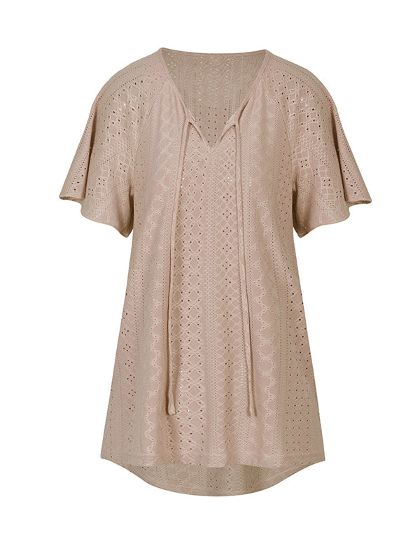 Jacquard Solid Color Tied Raglan Sleeve V-Neck T-Shirts Tops