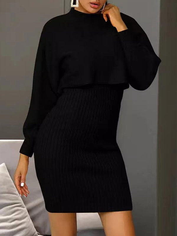 Round-Neck Long Sleeves Solid Color Sweater Top + Inner Dress Two Pieces Set