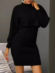 Round-Neck Long Sleeves Solid Color Sweater Top + Inner Dress Two Pieces Set