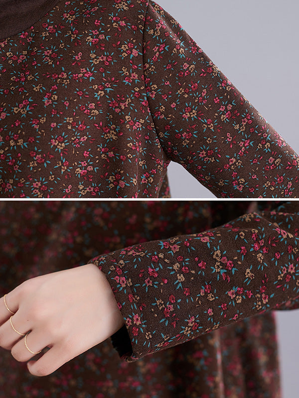 Vintage Loose Long Sleeves Floral Printed High-Neck Mini Dresses