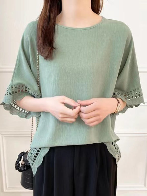 Hollow Solid Color Flared Sleeves Half Sleeves Round-Neck T-Shirts Tops