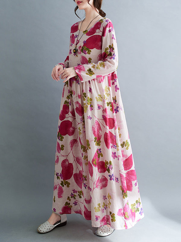 Flower Print Split-Joint Long Sleeves Loose Round-Neck Midi Dresses