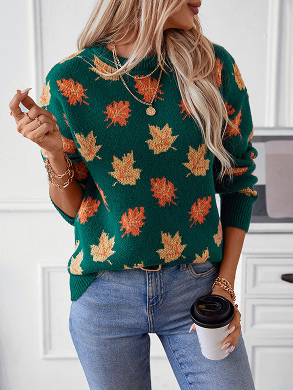 Contrast Color Jacquard Knitted Leaves Split-Joint Long Sleeves Loose Round-Neck Sweater Tops Pullovers