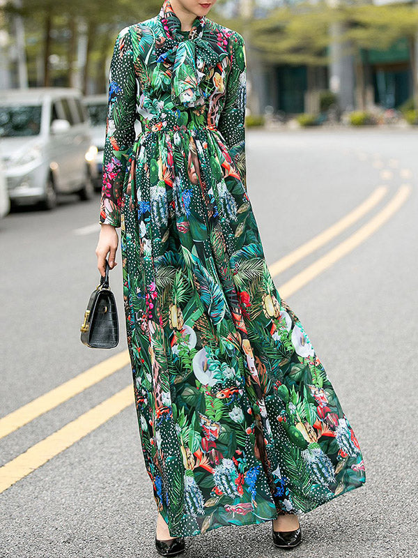 Bowknot Elasticity Flower Print Zipper High Waisted Long Sleeves Round-neck Maxi Dresses