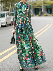 Bowknot Elasticity Flower Print Zipper High Waisted Long Sleeves Round-neck Maxi Dresses