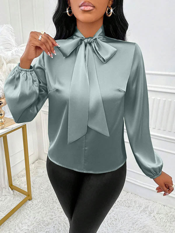 Bow-Embellished Pleated Solid Color Split-Joint Long Sleeves Loose Scarf Collar Blouses&Shirts Tops