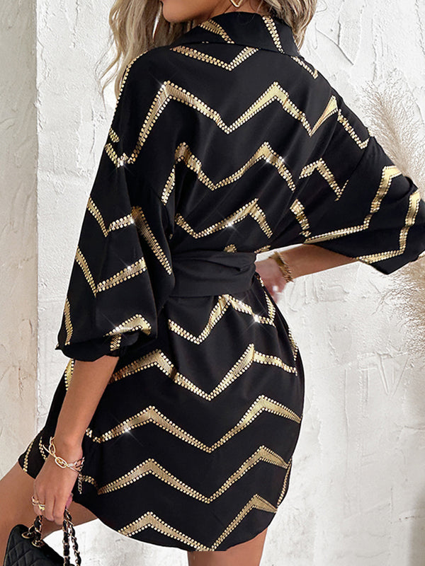 Buttoned Elasticity Striped Tied Waist Long Sleeves Loose Lapel Shirt Dress Mini Dresses