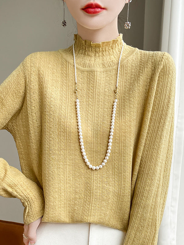 Elasticity Ruffle Trim Solid Color Long Sleeves Loose Mock Neck T-Shirts Tops