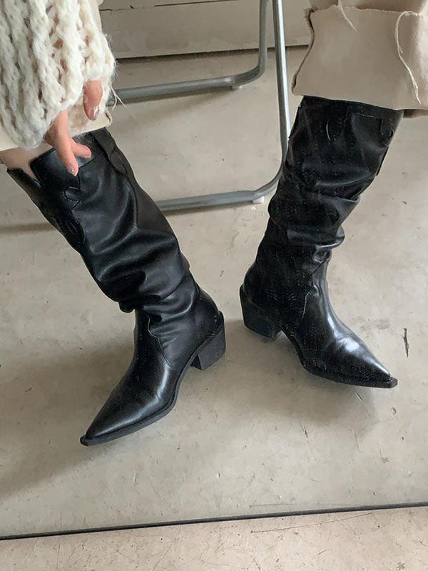 Pleated Pointed-Toe Solid Color Chunky Shoes Boots
