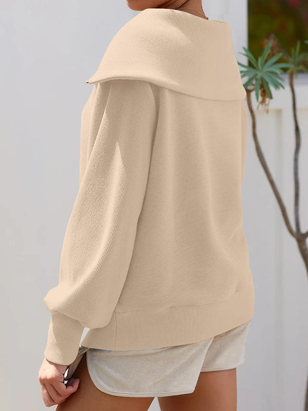 Solid Color Zipper Long Sleeves Loose Lapel Sweatshirt Tops