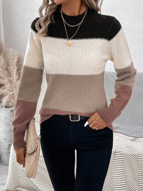 Contrast Color Long Sleeves Round-Neck Sweater Tops Pullovers