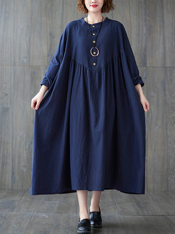 Pleated Solid Color Loose Puff Sleeves Stand Collar Midi Dresses