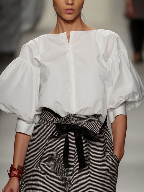 Loose Puff Sleeves Solid Color Boat Neck Blouses&Shirts Tops