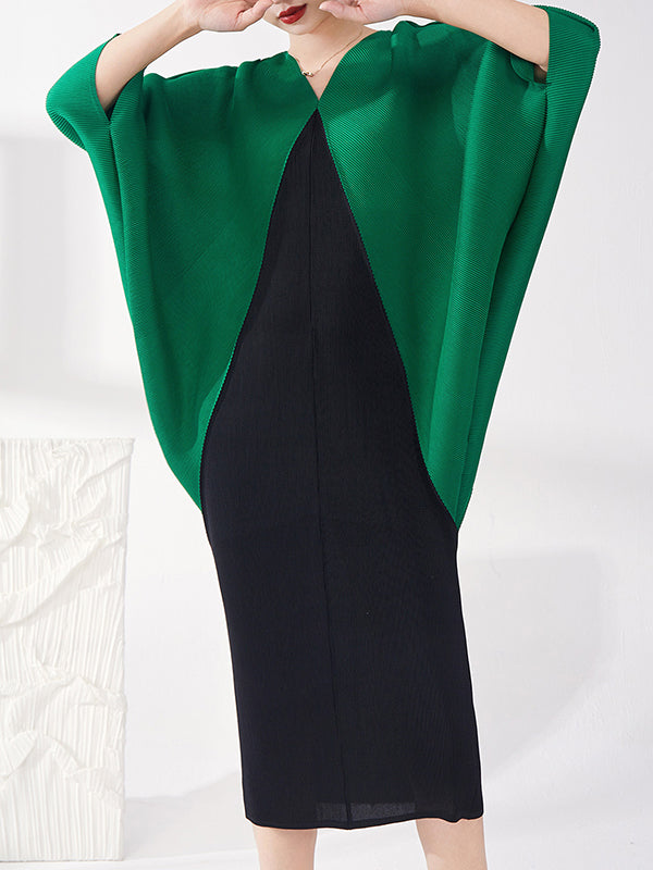Contrast Color Pleated Batwing Sleeves Loose Round-neck Midi Dresses