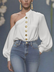 Asymmetric Buttoned Pleated Solid Color Long Sleeves Loose One-Shoulder Blouses&Shirts Tops