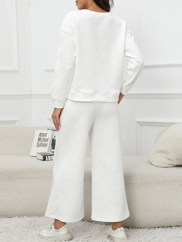 Round-Neck Long Sleeves Loose Solid Color Shirts Top + Drawstring Pants Bottom Two Pieces Set