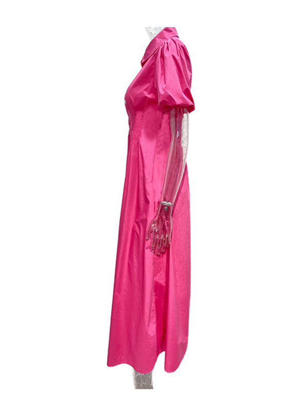 Pleated Split-Joint Loose Puff Sleeves Lapel Shirt Dress Maxi Dresses