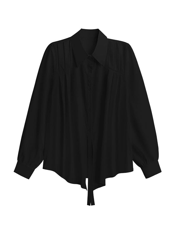 Buttoned Solid Color Split-Joint Streamer Irregularity Long Sleeves Lapel Collar Blouses&Shirts Tops