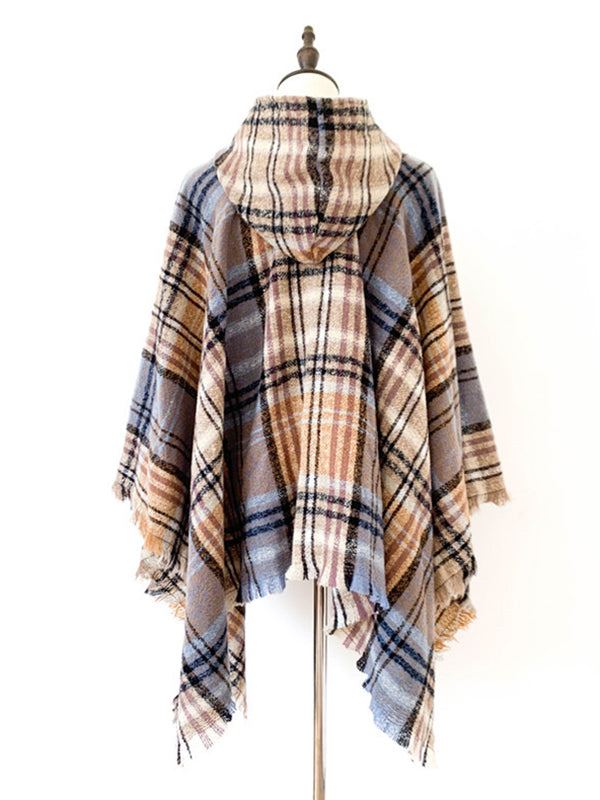 Fringed Hooded Keep Warm Plaid Shawl&Cloak Cape