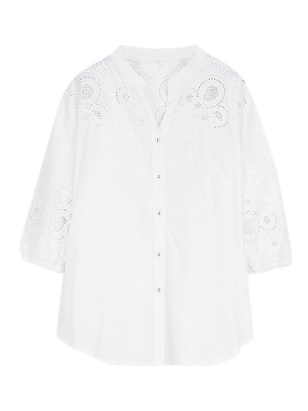 Vintage Half Sleeves Hollow Embroidered White Blouse
